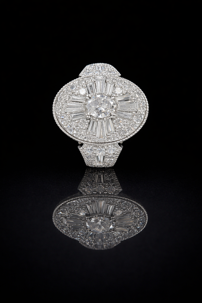 Natural White Diamond Oval Halo Ring with Mixed-Cut Starburst Mosaic in White Gold | Vintage-Inspired Statement Design