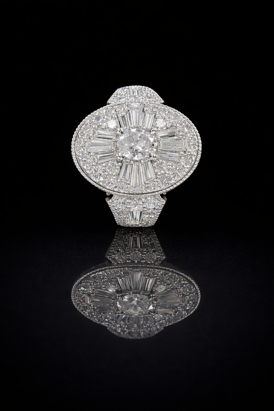 Natural White Diamond Oval Halo Ring with Mixed-Cut Starburst Mosaic in White Gold | Vintage-Inspired Statement Design