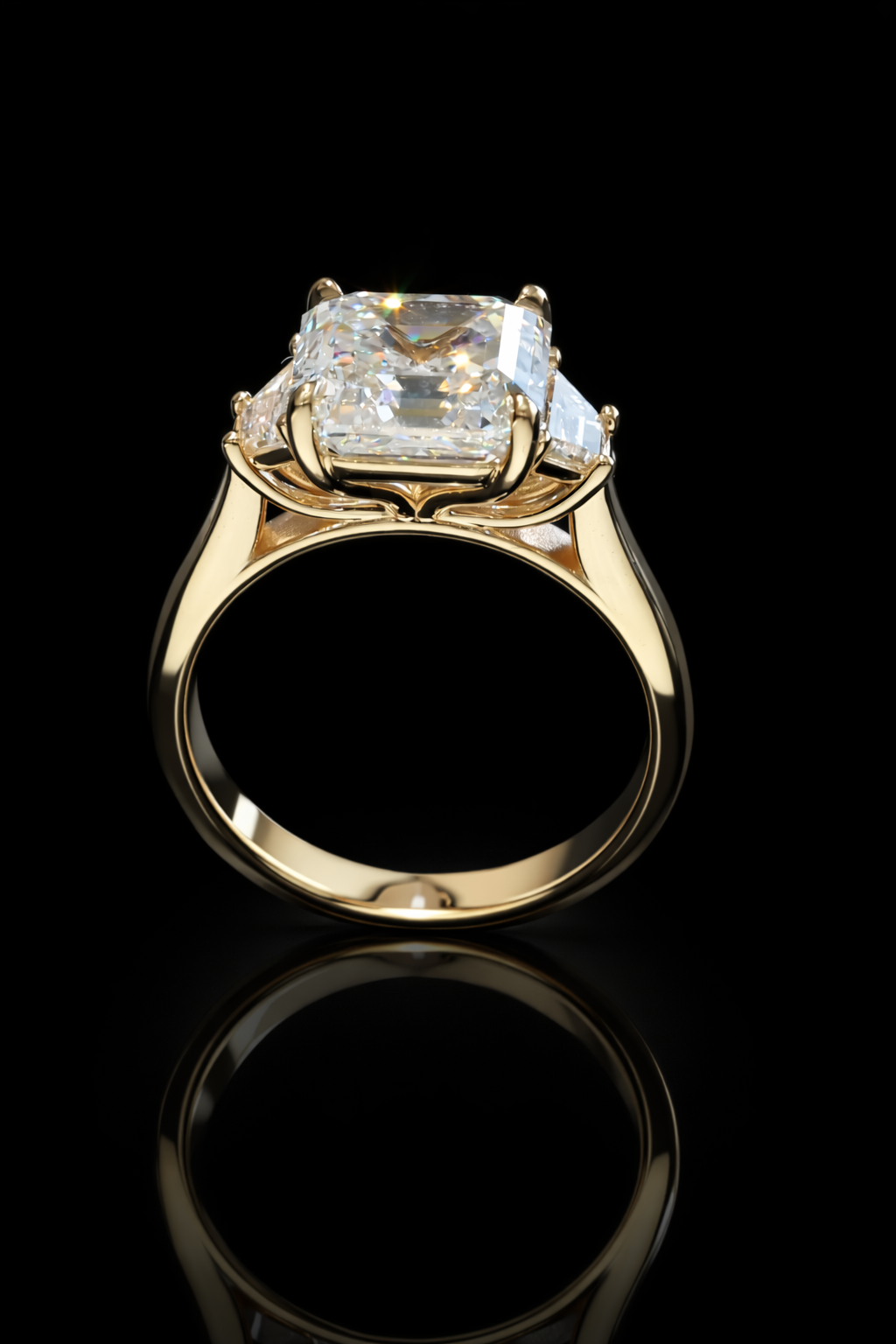 Emerald-Cut Lab-Grown Diamond Three-Stone Ring in Yellow Gold | Trapezoid Accent Setting