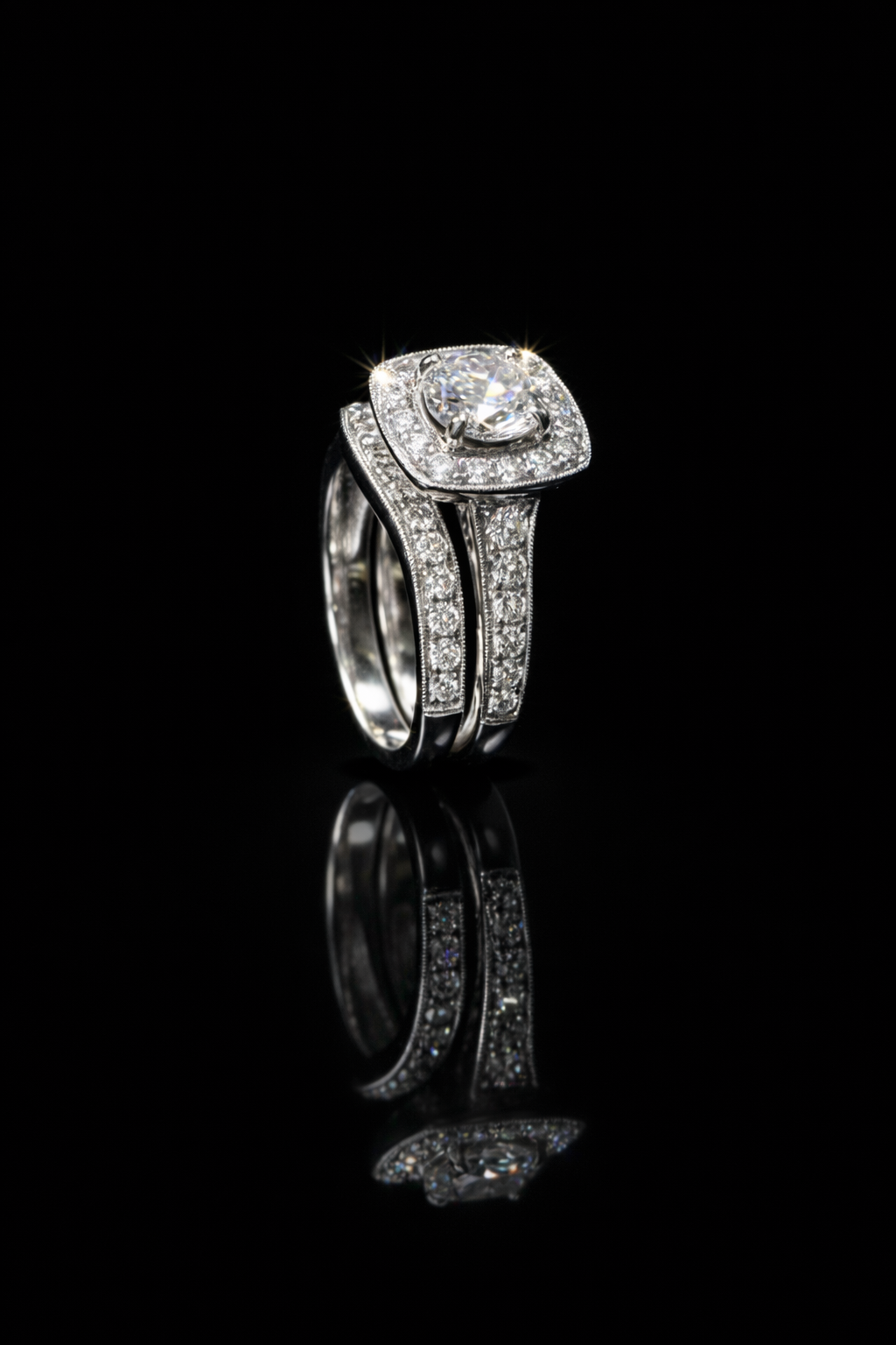 Natural Diamond Cushion Halo Engagement Ring with Split Shank in White Gold | Luxury Bridal Set Design