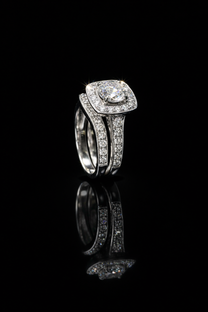 Natural Diamond Cushion Halo Engagement Ring with Split Shank in White Gold | Luxury Bridal Set Design