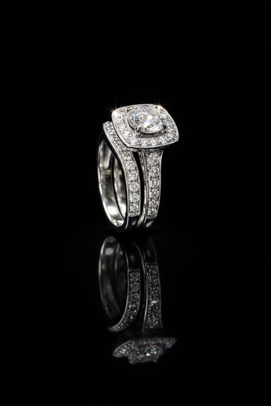 Natural Diamond Cushion Halo Engagement Ring with Split Shank in White Gold | Luxury Bridal Set Design