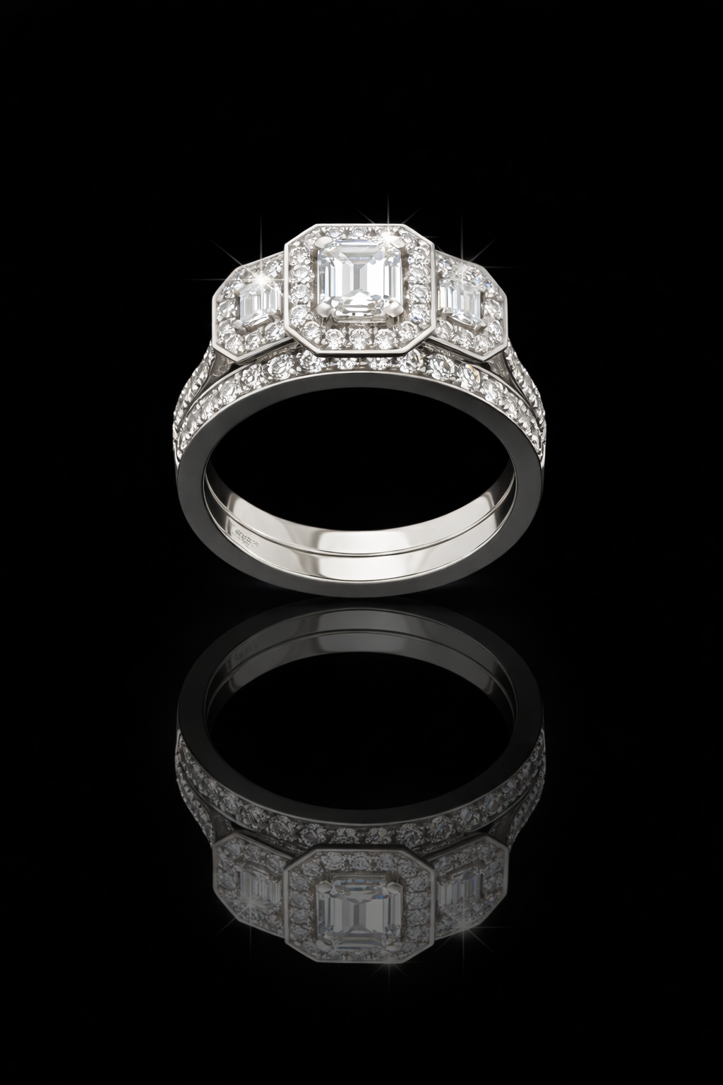 Natural Emerald-Cut Diamond Halo Engagement Ring with Double Halo Accents in White Gold | Luxe Statement Design