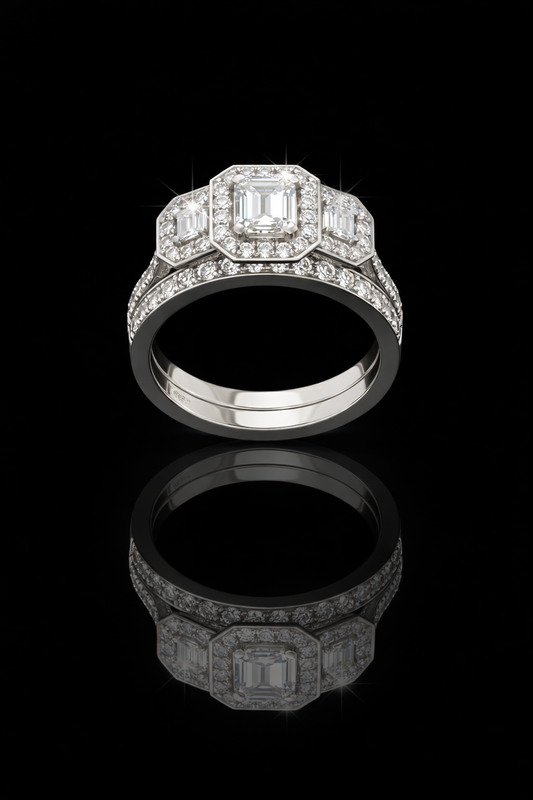 Natural Emerald-Cut Diamond Halo Engagement Ring with Double Halo Accents in White Gold | Luxe Statement Design