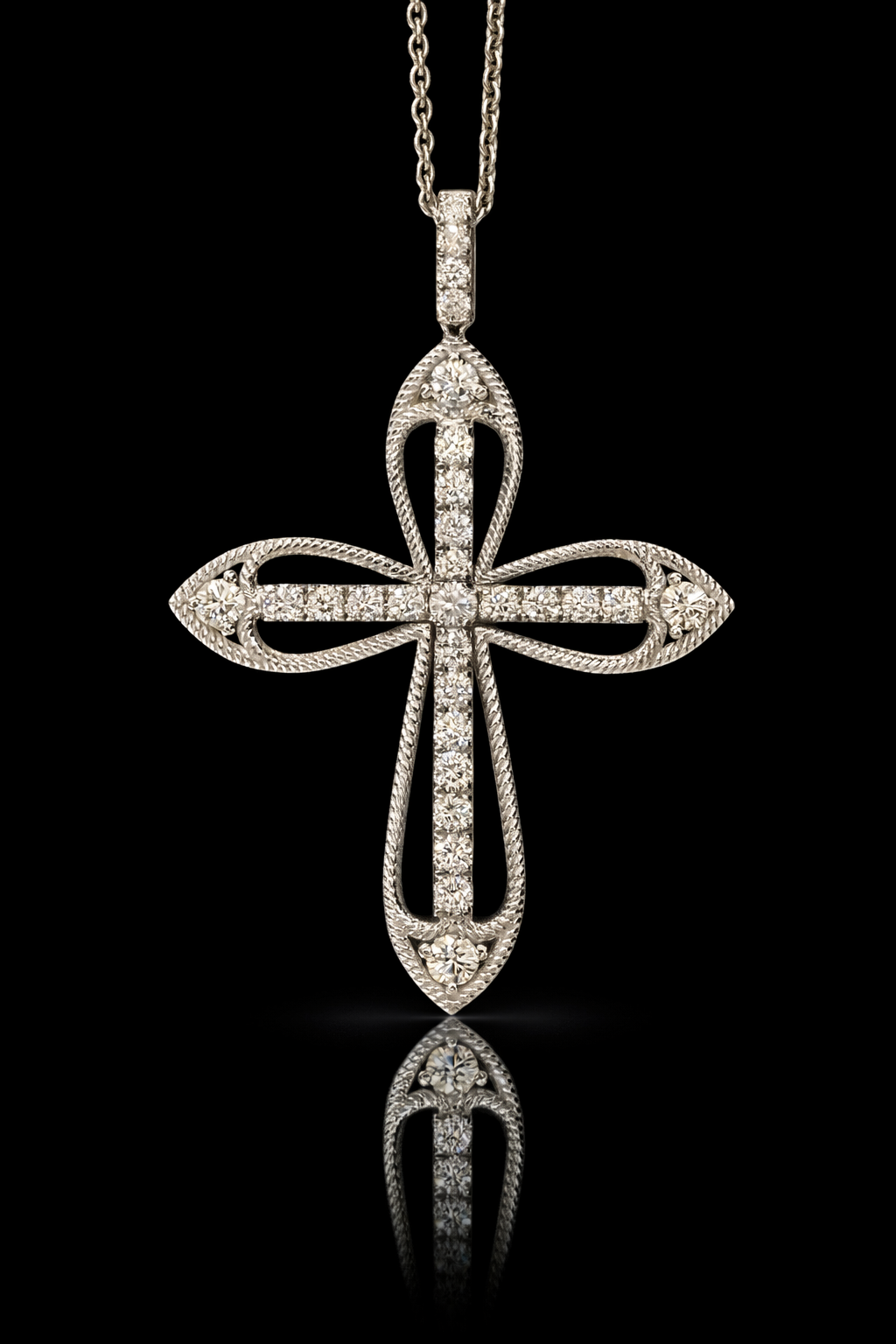 Natural Diamond Rope-Edge Cross Necklace in White Gold | Open Cross Design