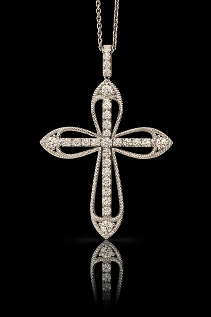 Natural Diamond Rope-Edge Cross Necklace in White Gold | Open Cross Design