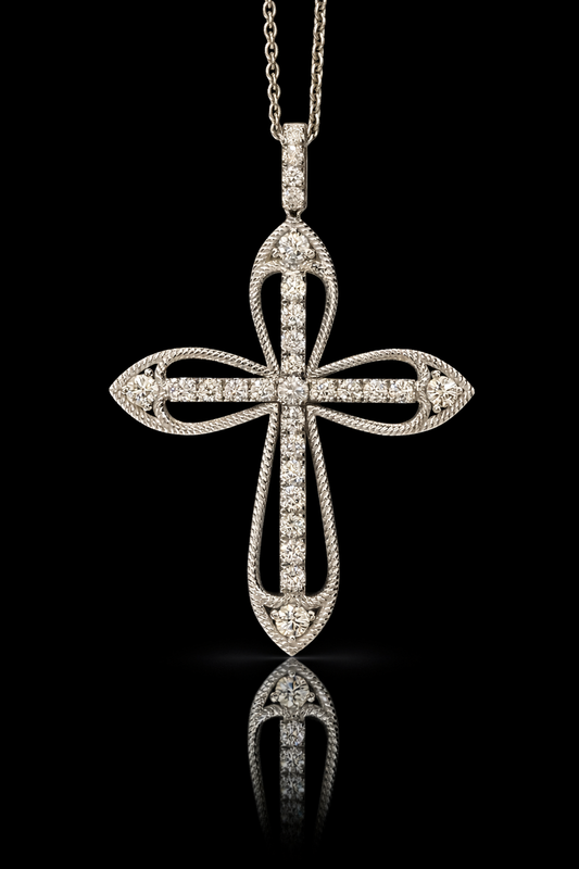 Natural Diamond Rope-Edge Cross Necklace in White Gold | Open Cross Design