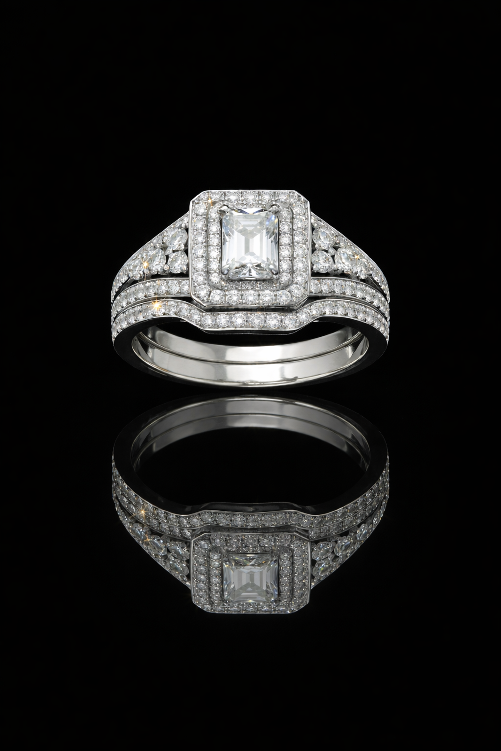 Radiant Cut Diamond Halo Engagement Ring in White Gold | Split Shank Luxury Design