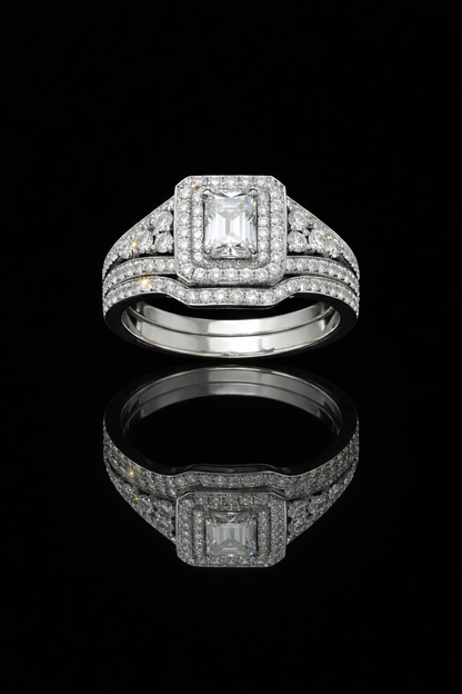 Radiant Cut Diamond Halo Engagement Ring in White Gold | Split Shank Luxury Design
