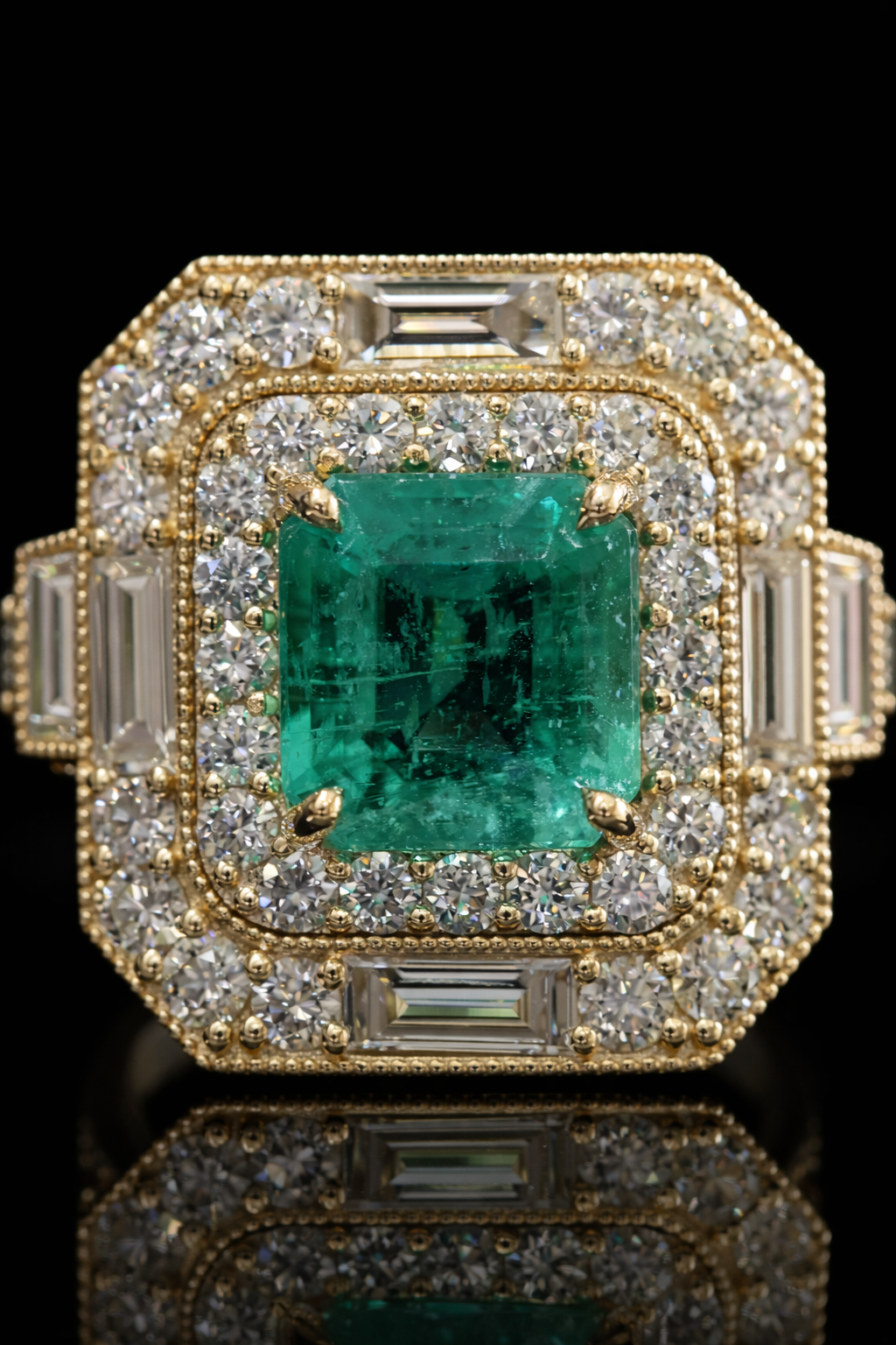 Emerald-Cut Emerald Halo Ring in Yellow Gold | Diamond Baguette Frame & Pavé Accents