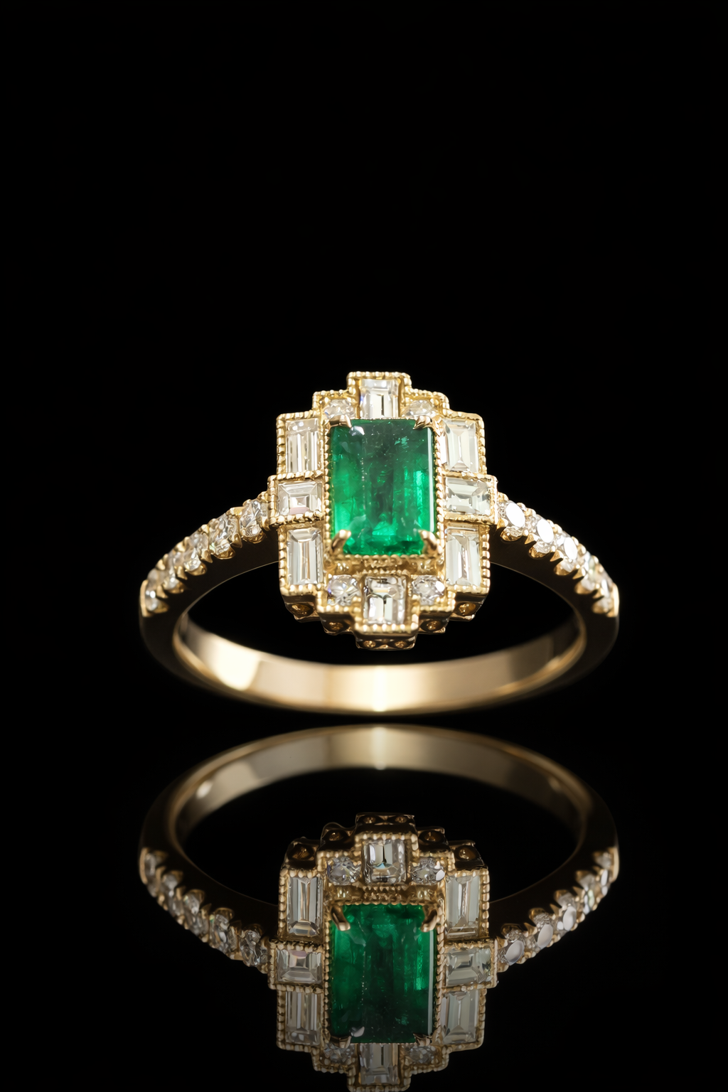 Emerald-Cut Emerald Halo Ring in Yellow Gold | Diamond Accents & Art Deco Frame
