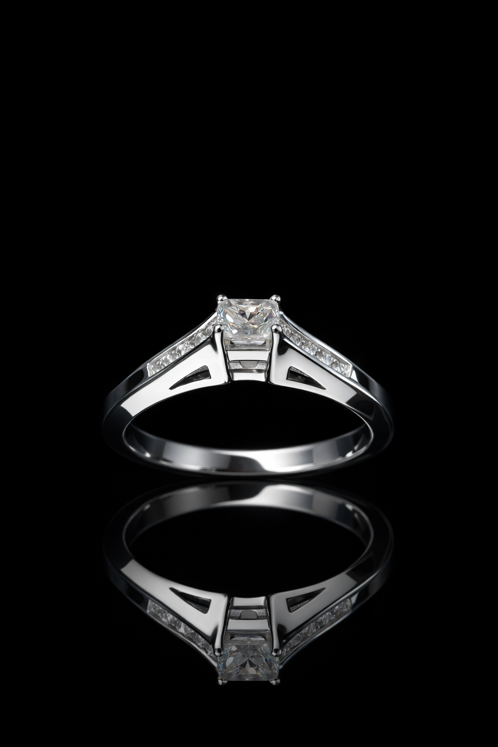 Natural Diamond Princess-Cut Engagement Ring with Baguette Accents in White Gold | Classic Elegance Design