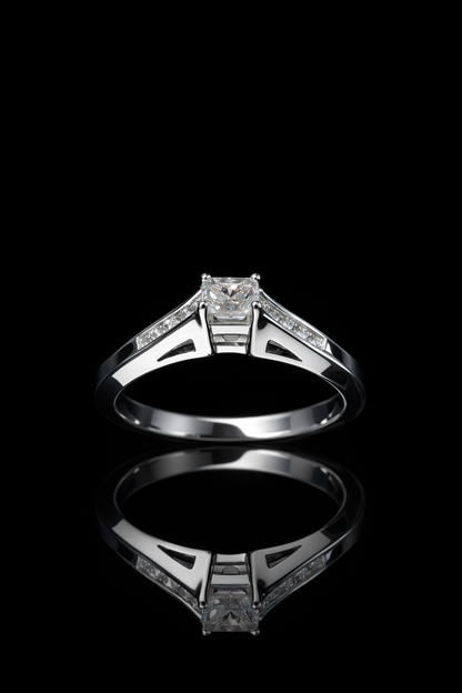Natural Diamond Princess-Cut Engagement Ring with Baguette Accents in White Gold | Classic Elegance Design