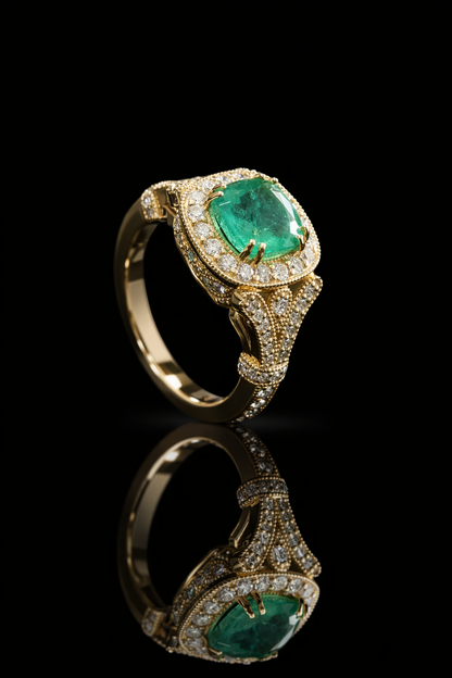 Cushion Emerald Halo Ring in Yellow Gold | Diamond Pavé Vintage Setting