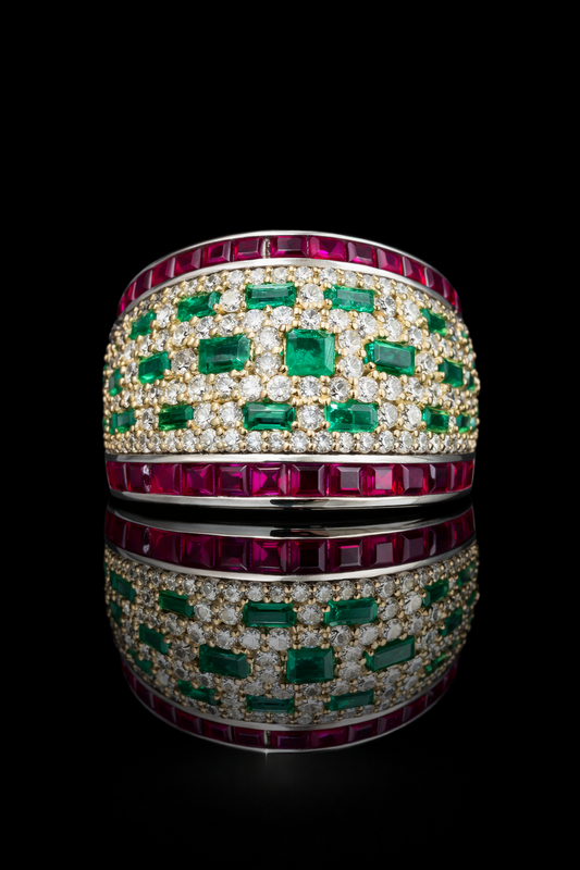 Emerald & Diamond Pavé Band with Ruby Channel Accents in Two-Tone Gold | Luxury Statement Ring