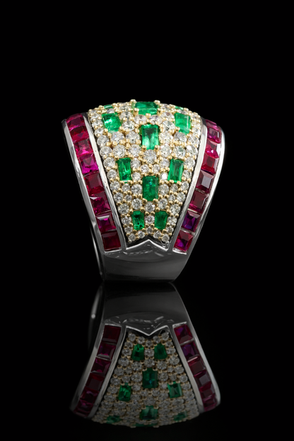 Emerald & Diamond Pavé Band with Ruby Channel Accents in Two-Tone Gold | Luxury Statement Ring