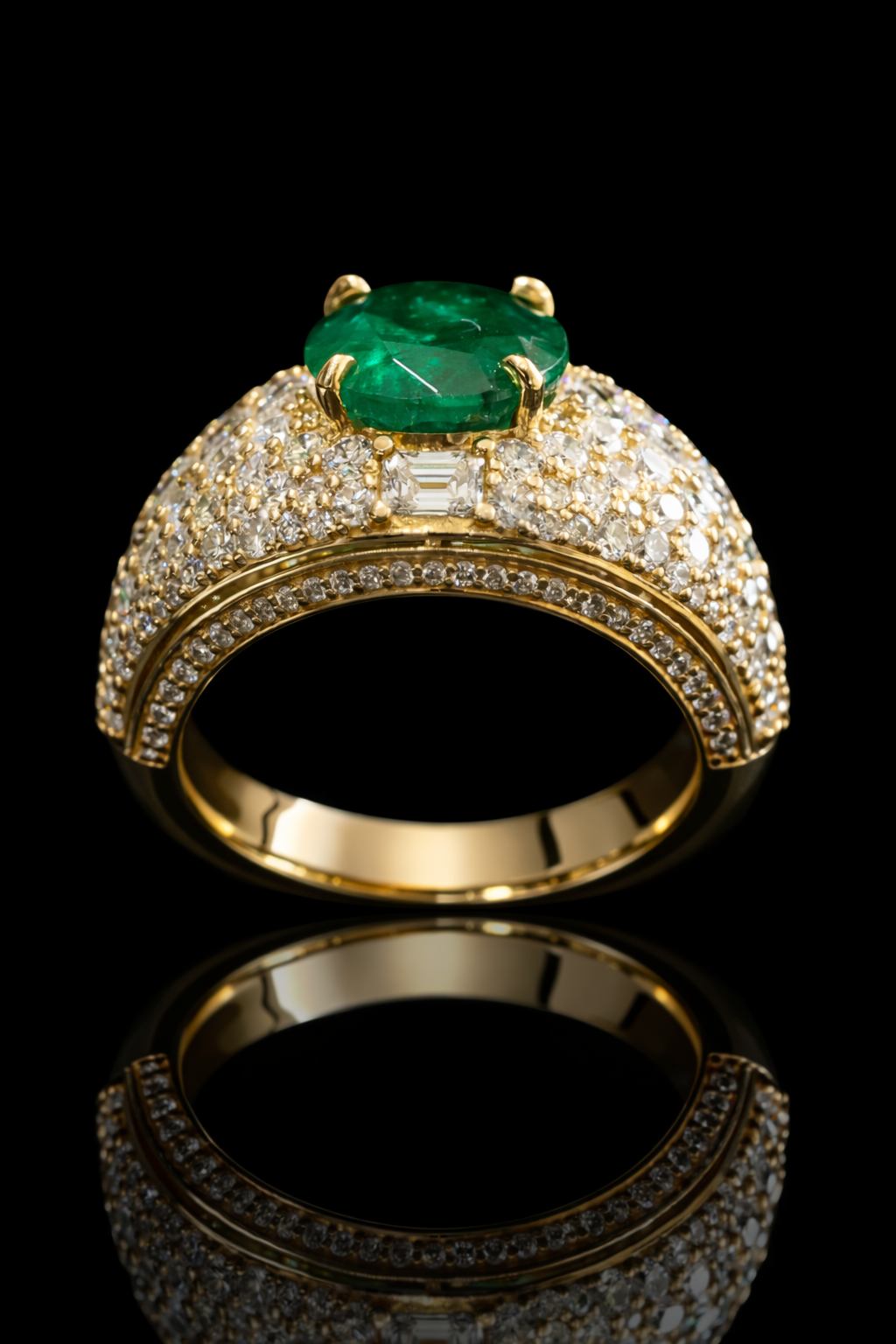 Oval Emerald Double Halo Ring in Yellow Gold | Diamond Pavé Statement Setting