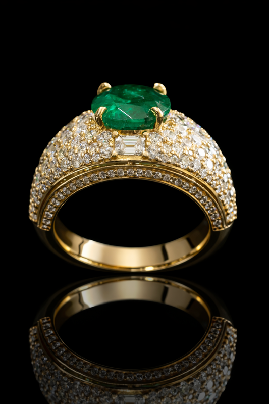 Oval Emerald Double Halo Ring in Yellow Gold | Diamond Pavé Statement Setting