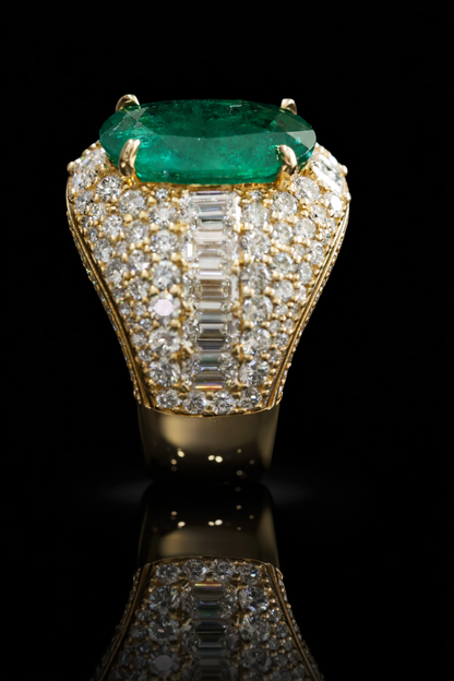 Oval Emerald Double Halo Ring in Yellow Gold | Diamond Pavé Statement Setting