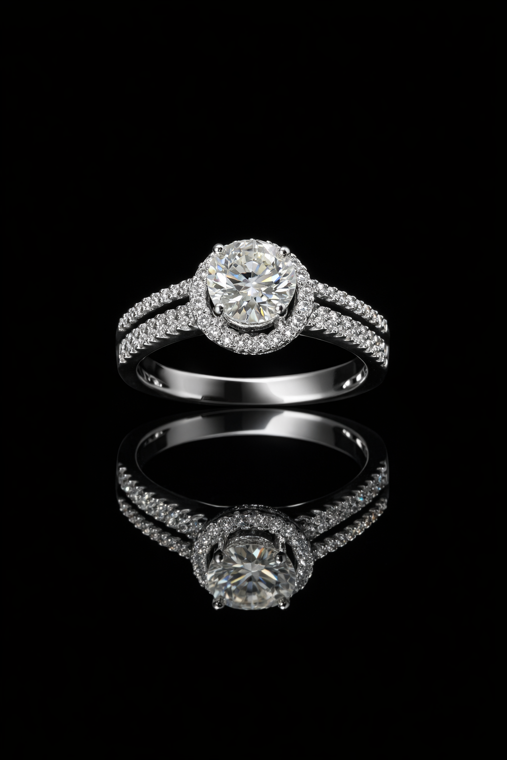 Round Halo Diamond Engagement Ring with Split Shank in White Gold | Timeless Bridal Elegance