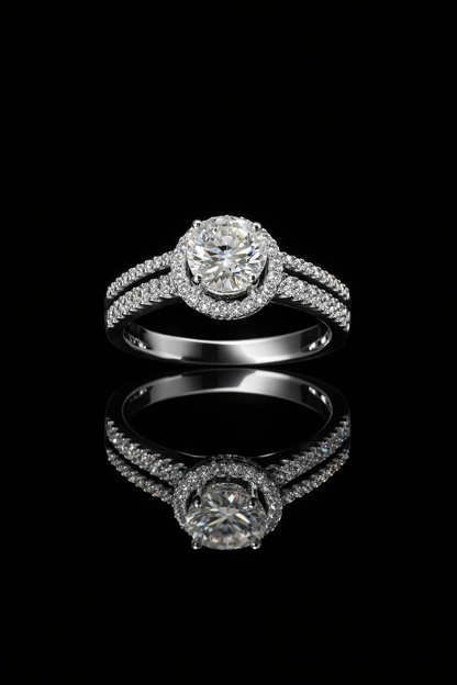 Round Halo Diamond Engagement Ring with Split Shank in White Gold | Timeless Bridal Elegance