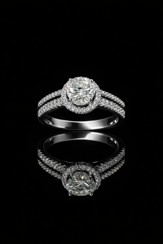 Round Halo Diamond Engagement Ring with Split Shank in White Gold | Timeless Bridal Elegance