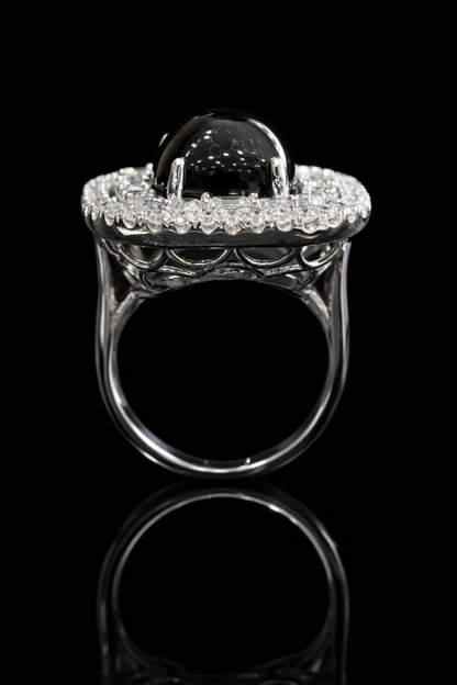 Emerald-Cut Green Tourmaline Halo Ring in White Gold | Double Diamond Halo & Baguette Accents