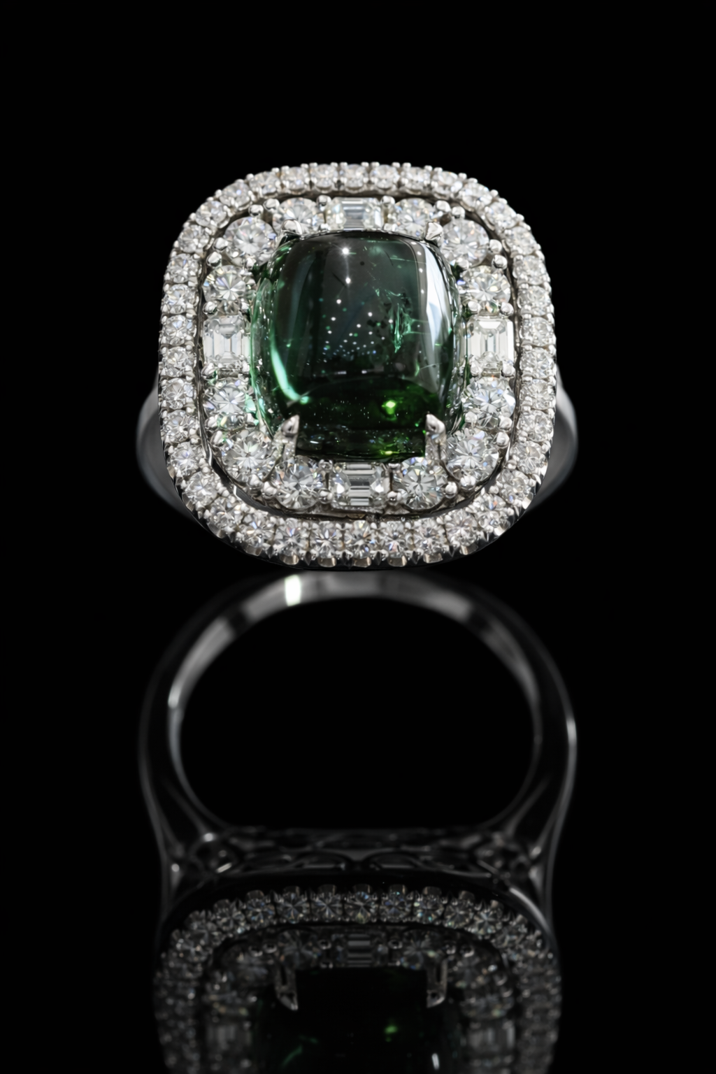 Emerald-Cut Green Tourmaline Halo Ring in White Gold | Double Diamond Halo & Baguette Accents