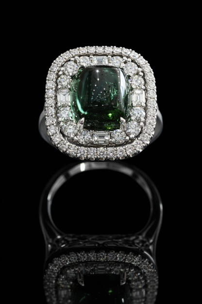 Emerald-Cut Green Tourmaline Halo Ring in White Gold | Double Diamond Halo & Baguette Accents