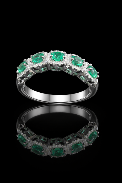 Emerald & Diamond Halo Band in White Gold | Round Emeralds & Brilliant Diamond Accents