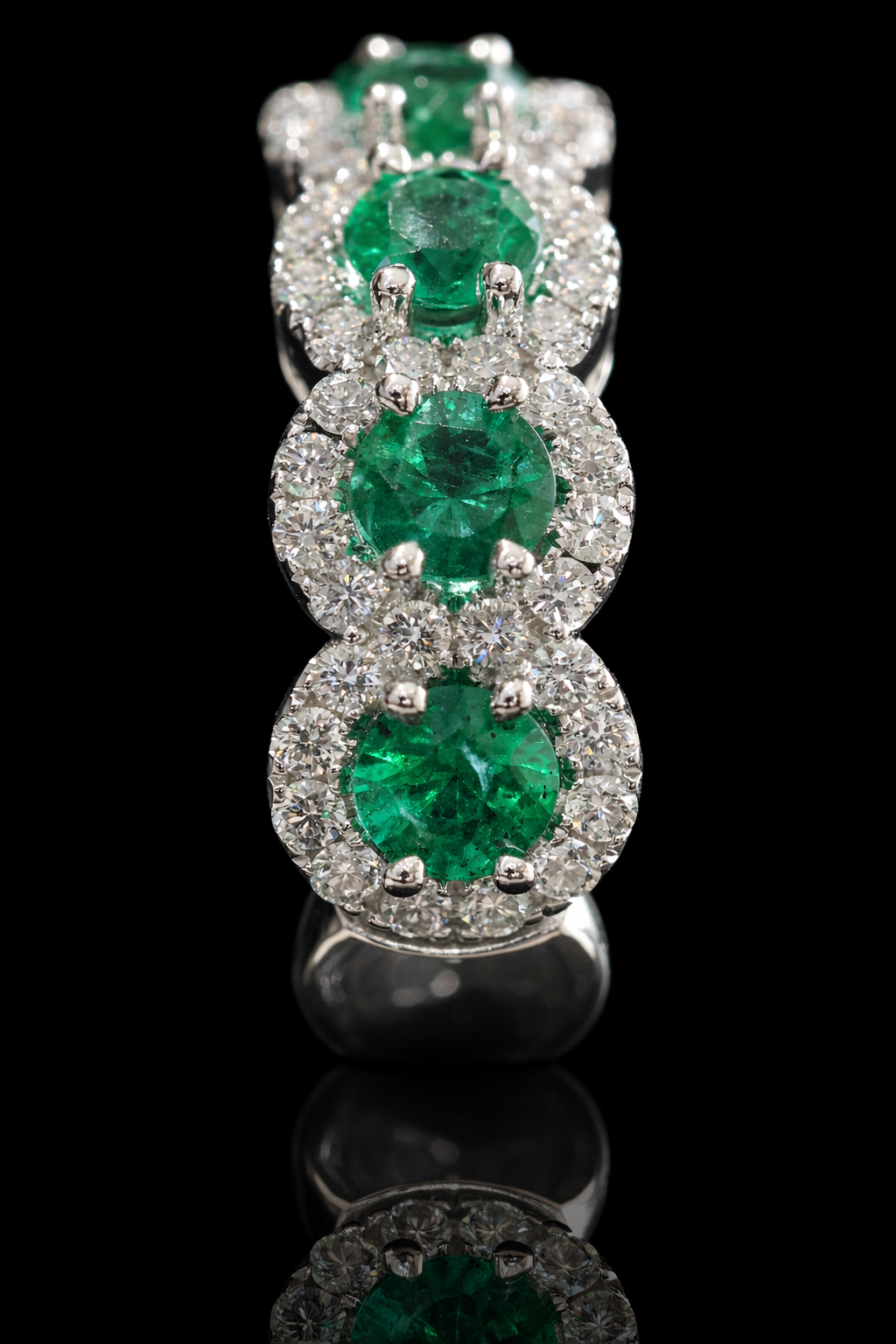 Emerald & Diamond Halo Band in White Gold | Round Emeralds & Brilliant Diamond Accents