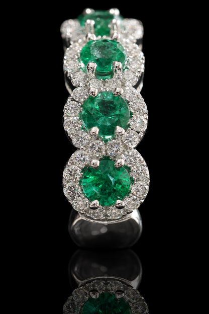 Emerald & Diamond Halo Band in White Gold | Round Emeralds & Brilliant Diamond Accents