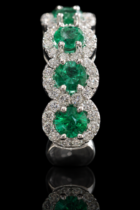 Emerald & Diamond Halo Band in White Gold | Round Emeralds & Brilliant Diamond Accents