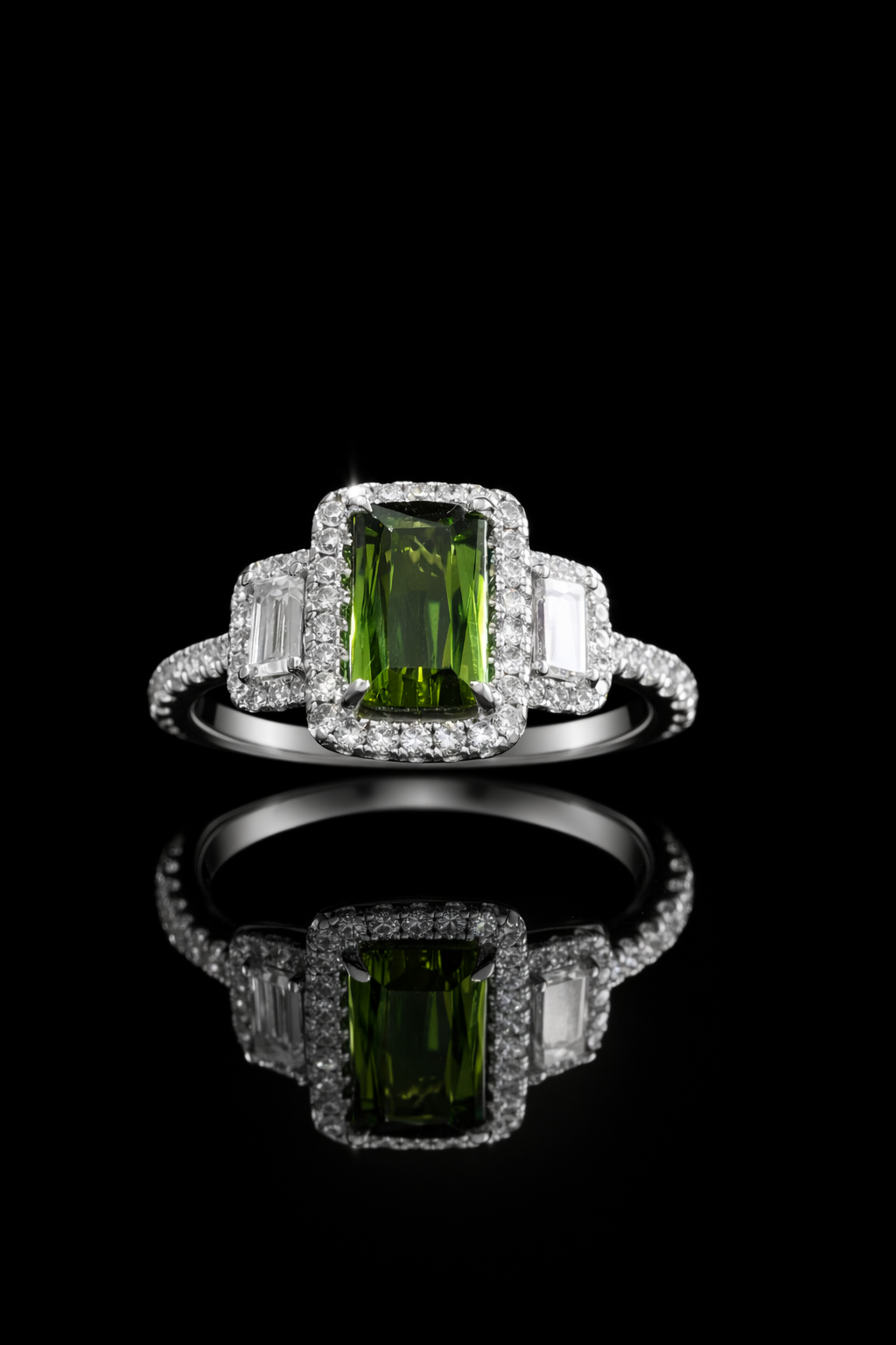Emerald-Cut Green Tourmaline Halo Ring in White Gold | Diamond Accents & Elegant Setting