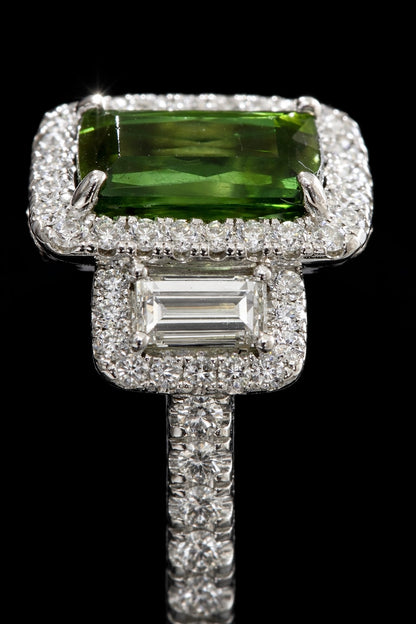 Emerald-Cut Green Tourmaline Halo Ring in White Gold | Diamond Accents & Elegant Setting