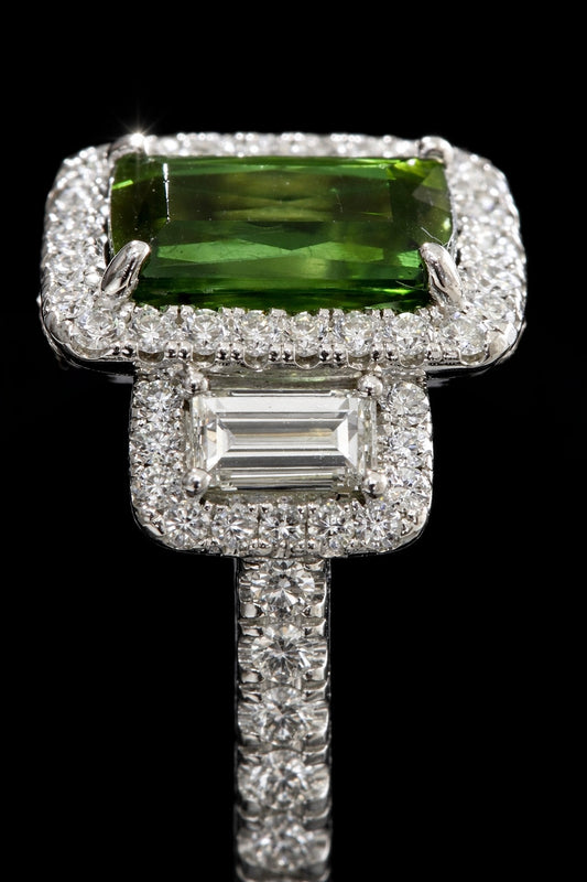 Emerald-Cut Green Tourmaline Halo Ring in White Gold | Diamond Accents & Elegant Setting