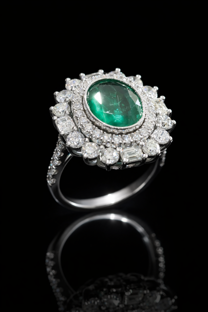 Oval Emerald Halo Ring in White Gold | Diamond Accents & Classic Double Halo Design