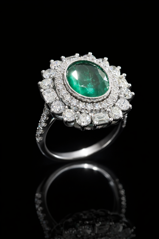 Oval Emerald Halo Ring in White Gold | Diamond Accents & Classic Double Halo Design