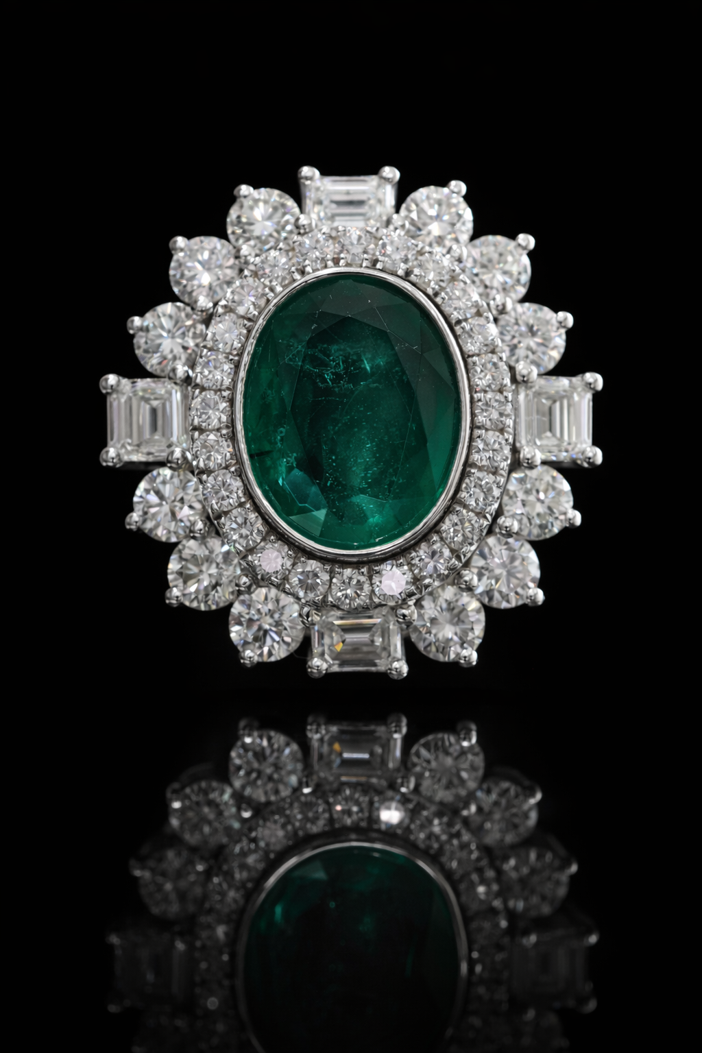 Oval Emerald Halo Ring in White Gold | Diamond Accents & Classic Double Halo Design