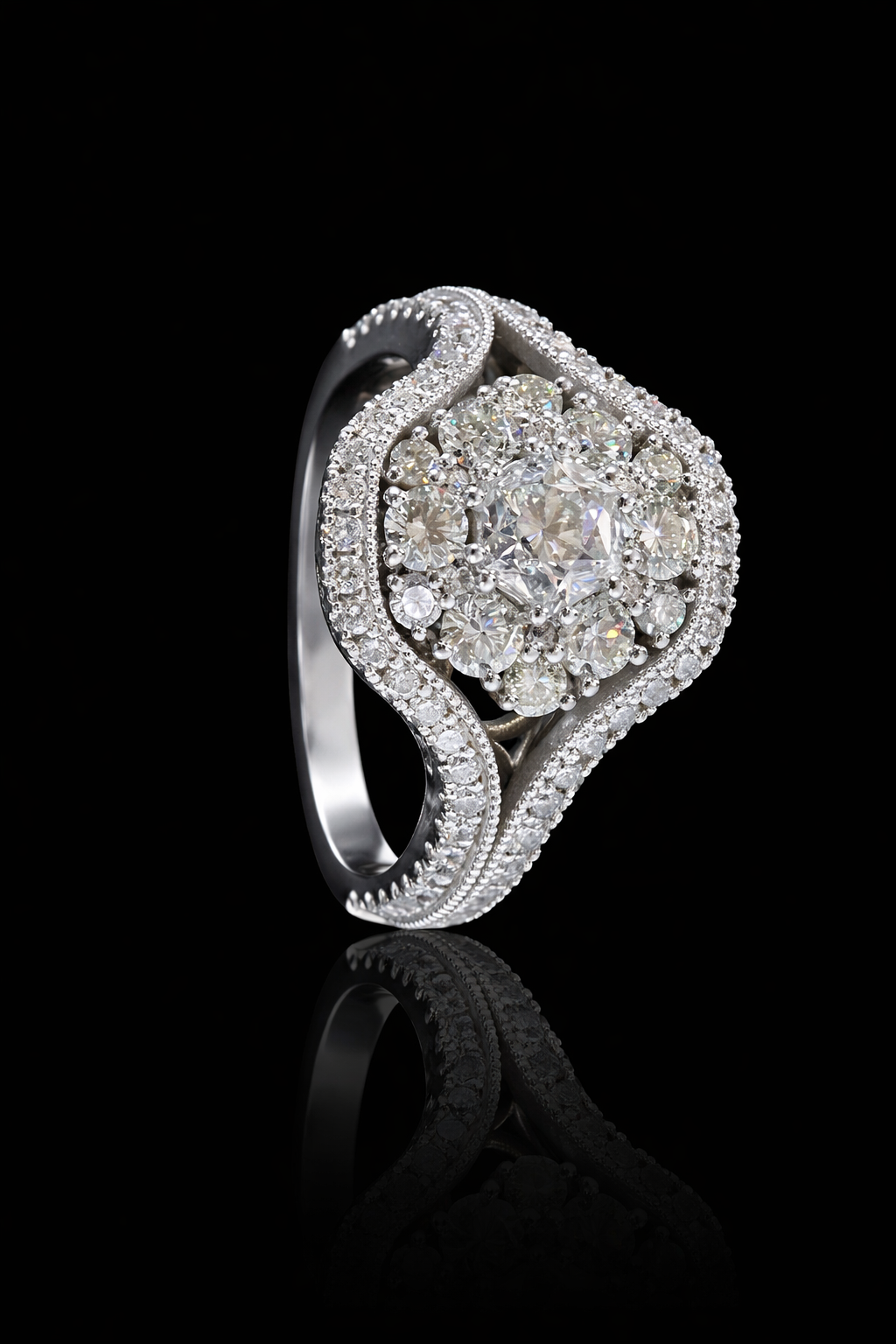 Natural Diamond Cushion Cluster Swirl Halo Ring in White Gold | Vintage-Inspired Sculpted Design