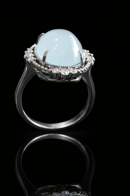 Grand Oval Aquamarine Cabochon Halo Ring in White Gold | Diamond Halo & Vintage Dome Setting