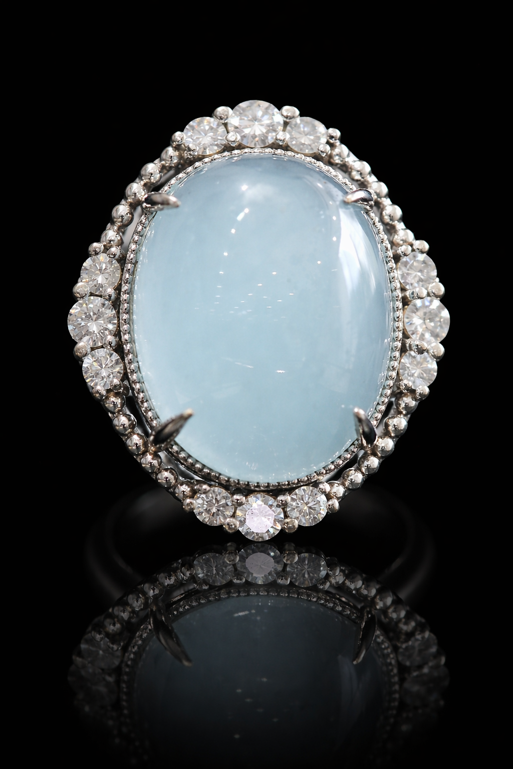 Grand Oval Aquamarine Cabochon Halo Ring in White Gold | Diamond Halo & Vintage Dome Setting