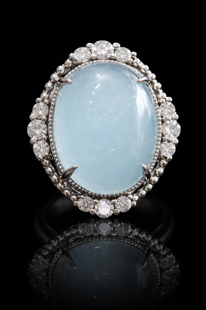 Grand Oval Aquamarine Cabochon Halo Ring in White Gold | Diamond Halo & Vintage Dome Setting