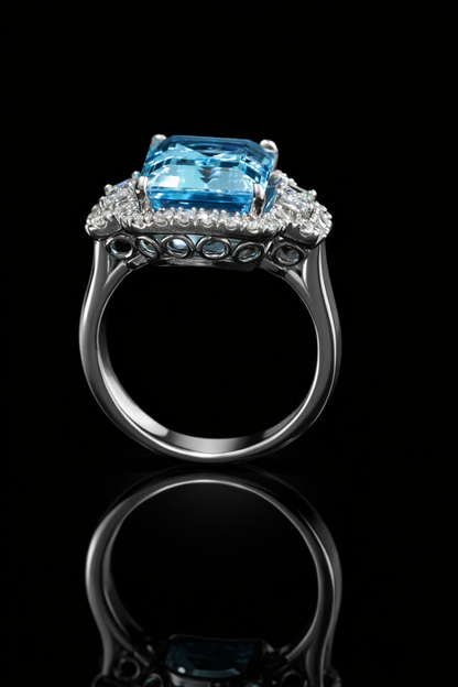 Emerald-Cut Aquamarine Halo Ring in White Gold | Diamond Accents & Vintage-Inspired Setting