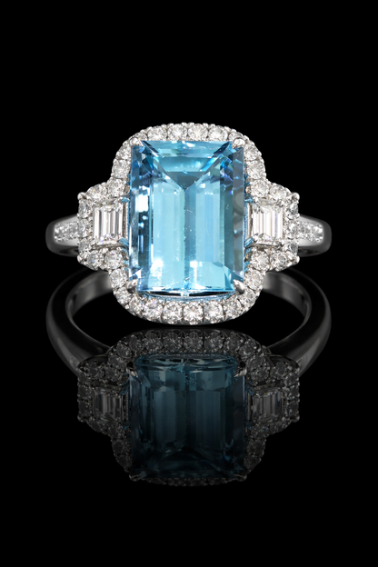 Emerald-Cut Aquamarine Halo Ring in White Gold | Diamond Accents & Vintage-Inspired Setting