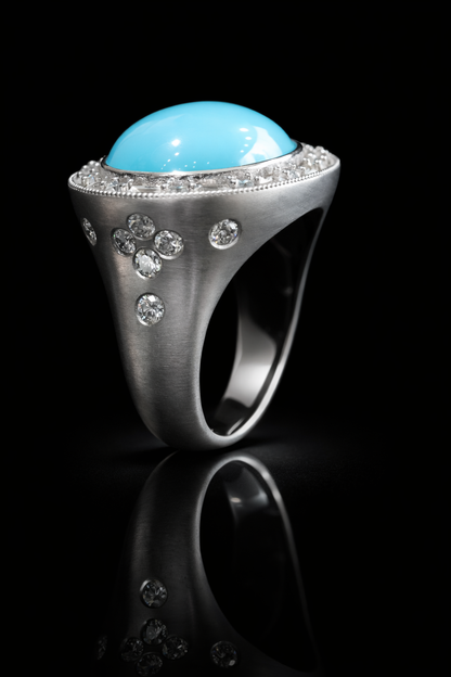 Grand Oval Turquoise Halo Ring in White Gold | Baguette Diamond Accents & Sculpted Diamond Shank