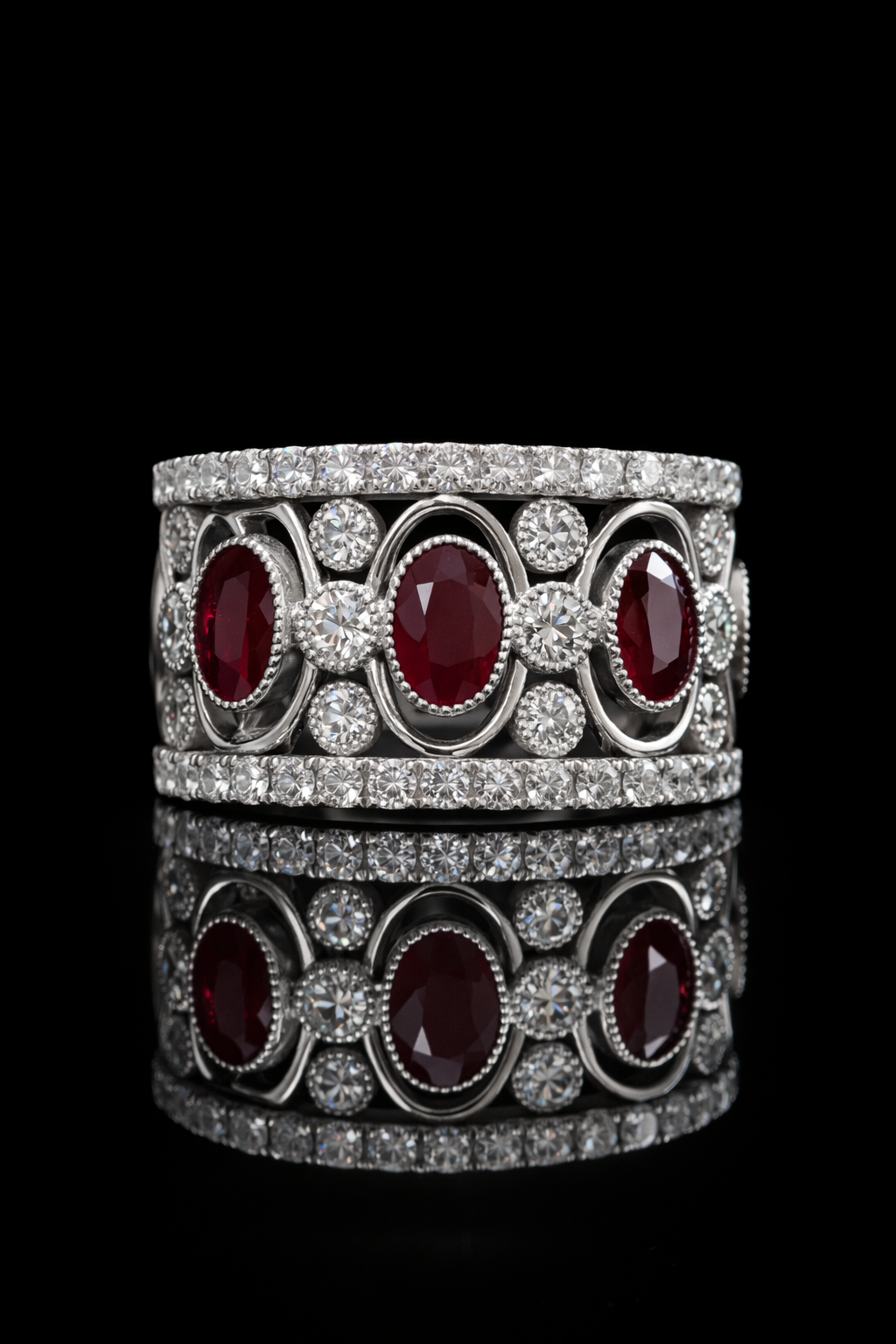 Grand Oval Ruby Diamond Band in White Gold | Milgrain Bezels & Pavé Diamond Rows
