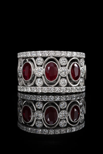 Grand Oval Ruby Diamond Band in White Gold | Milgrain Bezels & Pavé Diamond Rows