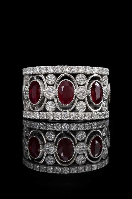 Grand Oval Ruby Diamond Band in White Gold | Milgrain Bezels & Pavé Diamond Rows