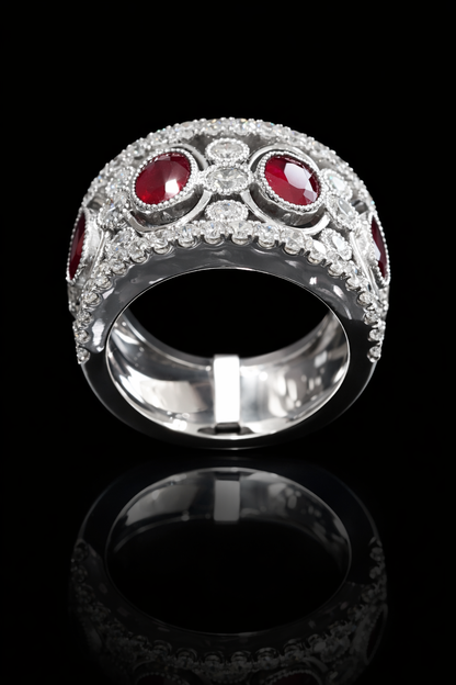 Grand Oval Ruby Diamond Band in White Gold | Milgrain Bezels & Pavé Diamond Rows